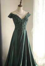 Elegant Dark Green A-Line Off-Shoulder Sequined Satin Long Formal Prom Dress