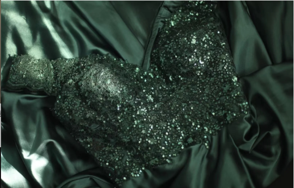 Elegant Dark Green A-Line Off-Shoulder Sequined Satin Long Formal Prom Dress