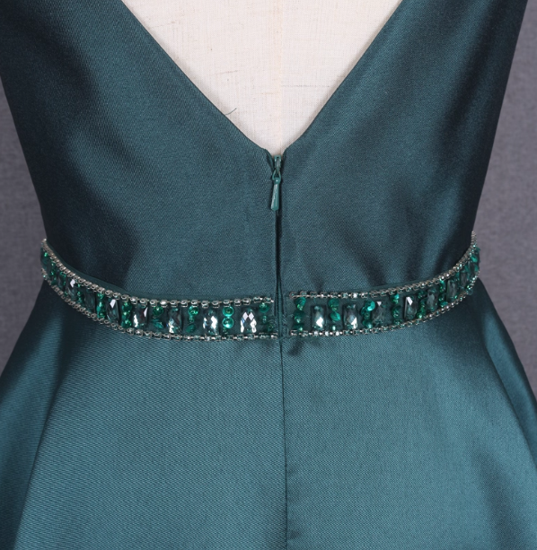 Elegant Dark Green A-Line Sleeveless Rhinestone Satin Long Formal Prom Dress