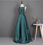 Elegant Dark Green A-Line Sleeveless Rhinestone Satin Long Formal Prom Dress