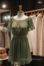 Elegant Dark Green Jewel Short Bridesmaid Dress With Flowy Chiffon Sleeves