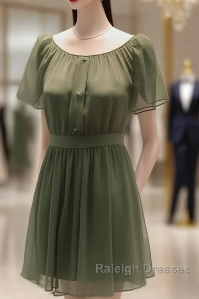 Elegant Dark Green Jewel Short Bridesmaid Dress With Flowy Chiffon Sleeves Main image