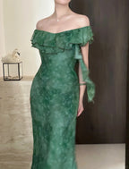Elegant Dark Green Mermaid Ruffled Chiffon Long Formal Prom Dress