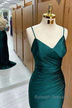 Elegant Dark Green Mermaid Spaghetti Strap Satin Long Prom Dresses