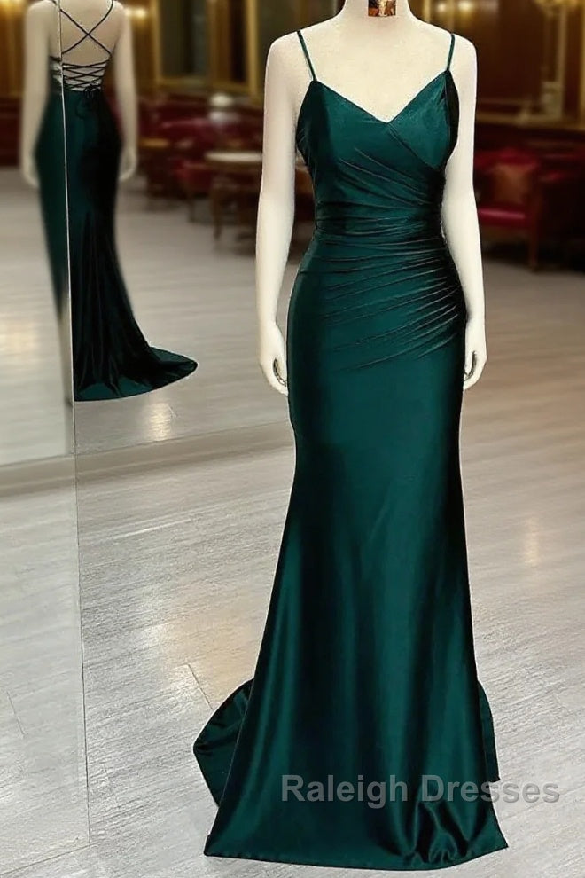 Elegant Dark Green Mermaid Spaghetti Strap Satin Long Prom Dresses Main image
