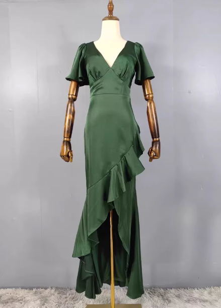 Elegant Dark Green Ruffled V-Neck Asymmetrical Hem Satin Formal Prom Dress Main image