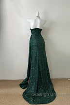 Elegant Dark Green Sweetheart Neck Mermaid Prom Dresses Long Sequin Strapless Prom Dresses