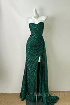 Elegant Dark Green Sweetheart Neck Mermaid Long Prom Dress Sequin Strapless Formal Evening Dress