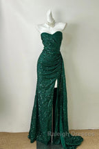 Elegant Dark Green Sweetheart Neck Mermaid Prom Dresses Long Sequin Strapless Prom Dresses