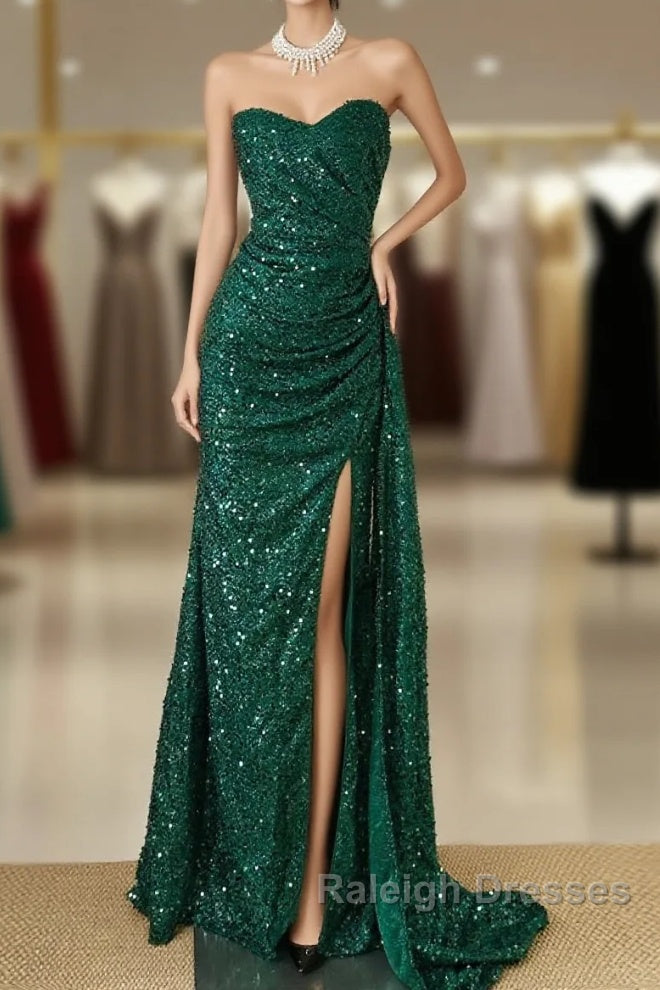 Elegant Dark Green Sweetheart Neck Mermaid Long Prom Dress Sequin Strapless Formal Evening Dress