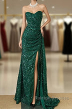 Elegant Dark Green Sweetheart Neck Mermaid Prom Dresses Long Sequin Strapless Prom Dresses