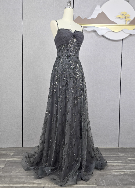 Elegant Dark Grey A-Line Spaghetti Strap Sequin Tulle Long Formal Prom Dress Secondary image