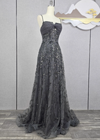 Elegant Dark Grey A-Line Spaghetti Strap Sequin Tulle Long Formal Prom Dress