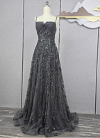 Elegant Dark Grey A-Line Spaghetti Strap Sequin Tulle Long Formal Prom Dress