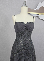 Elegant Dark Grey A-Line Spaghetti Strap Sequin Tulle Long Formal Prom Dress
