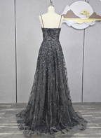 Elegant Dark Grey A-Line Spaghetti Strap Sequin Tulle Long Formal Prom Dress
