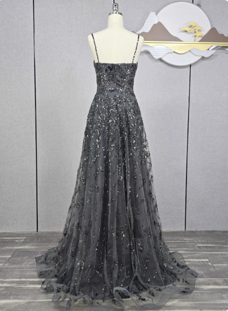Elegant Dark Grey A-Line Spaghetti Strap Sequin Tulle Long Formal Prom Dress