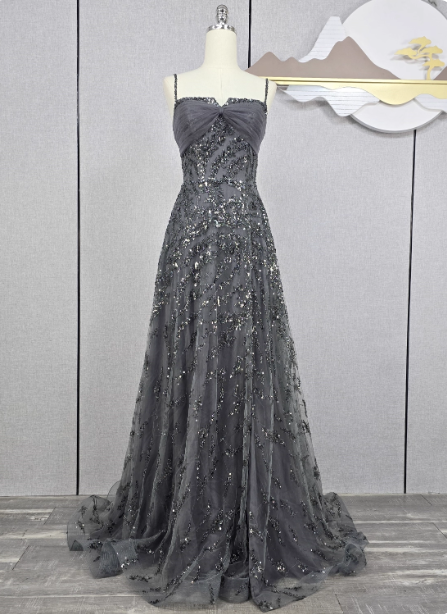 Elegant Dark Grey A-Line Spaghetti Strap Sequin Tulle Long Formal Prom Dress Main image