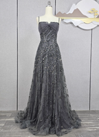 Elegant Dark Grey A-Line Spaghetti Strap Sequin Tulle Long Formal Prom Dress