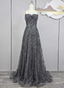 Elegant Dark Grey A-Line Spaghetti Strap Sequin Tulle Long Formal Prom Dress