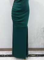 Elegant Deep Emerald Green Mermaid One-Shoulder Ruffled Slit Satin Long Formal Prom Dress