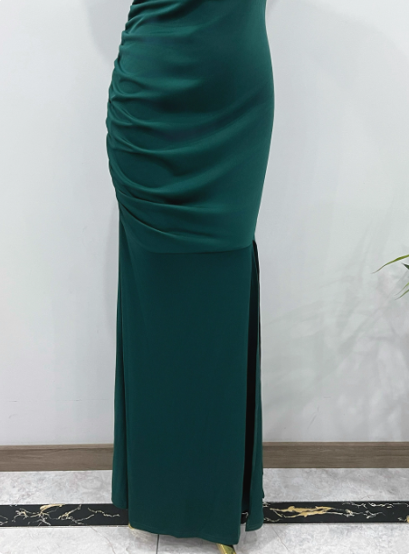 Elegant Deep Emerald Green Mermaid One-Shoulder Ruffled Slit Satin Long Formal Prom Dress