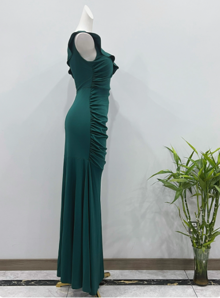Elegant Deep Emerald Green Mermaid One-Shoulder Ruffled Slit Satin Long Formal Prom Dress