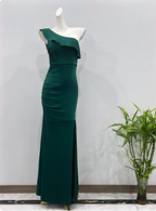 Elegant Deep Emerald Green Mermaid One-Shoulder Ruffled Slit Satin Long Formal Prom Dress