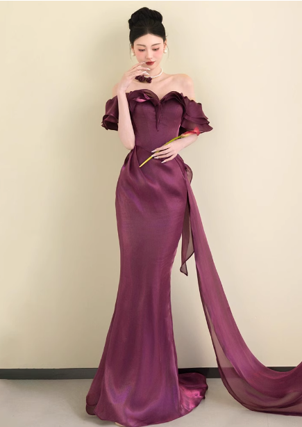 Elegant Deep Fuchsia Mermaid Off-The-Shoulder Ruffled Satin Long Formal Prom Dress