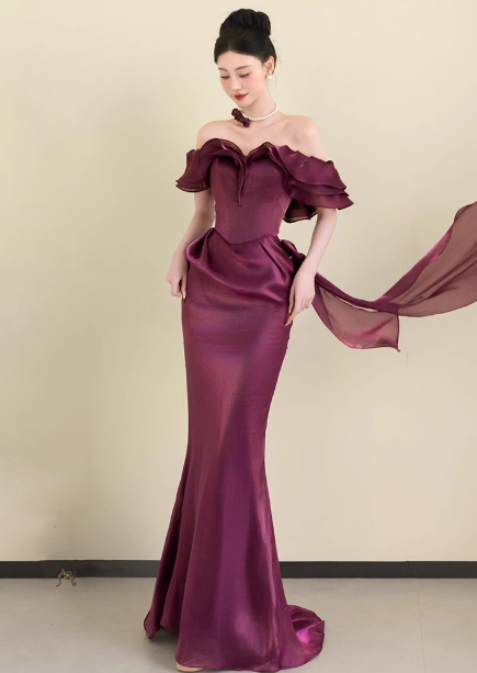 Elegant Deep Fuchsia Mermaid Off-The-Shoulder Ruffled Satin Long Formal Prom Dress