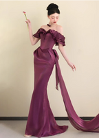 Elegant Deep Fuchsia Mermaid Off-The-Shoulder Ruffled Satin Long Formal Prom Dress