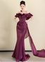 Elegant Deep Fuchsia Mermaid Off-The-Shoulder Ruffled Satin Long Formal Prom Dress