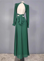 Elegant Deep Green A-Line V-Neck Long-Sleeved Backless Chiffon Long Formal Prom Dress