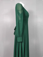 Elegant Deep Green A-Line V-Neck Long-Sleeved Backless Chiffon Long Formal Prom Dress