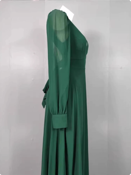 Elegant Deep Green A-Line V-Neck Long-Sleeved Backless Chiffon Long Formal Prom Dress
