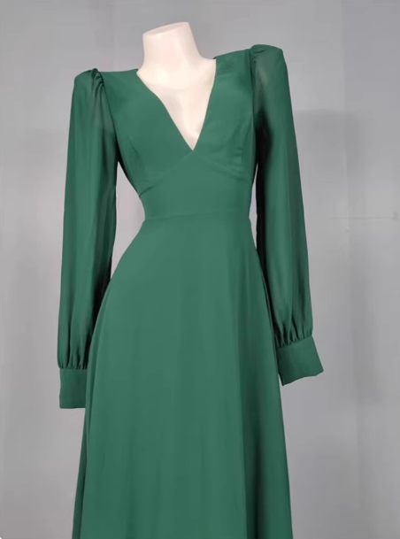Elegant Deep Green A-Line V-Neck Long-Sleeved Backless Chiffon Long Formal Prom Dress