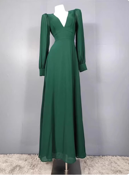 Elegant Deep Green A-Line V-Neck Long-Sleeved Backless Chiffon Long Formal Prom Dress Main image
