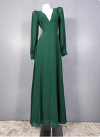 Elegant Deep Green A-Line V-Neck Long-Sleeved Backless Chiffon Long Formal Prom Dress
