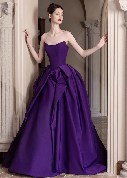 Elegant Deep Purple A-Line Strapless Satin Long Formal Prom Dress Secondary image