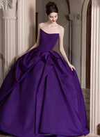 Elegant Deep Purple A-Line Strapless Satin Long Formal Prom Dress
