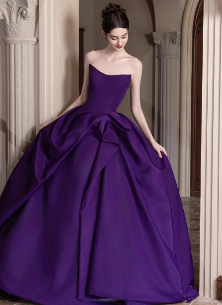 Elegant Deep Purple A-Line Strapless Satin Long Formal Prom Dress