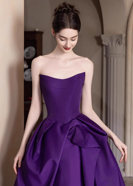 Elegant Deep Purple A-Line Strapless Satin Long Formal Prom Dress