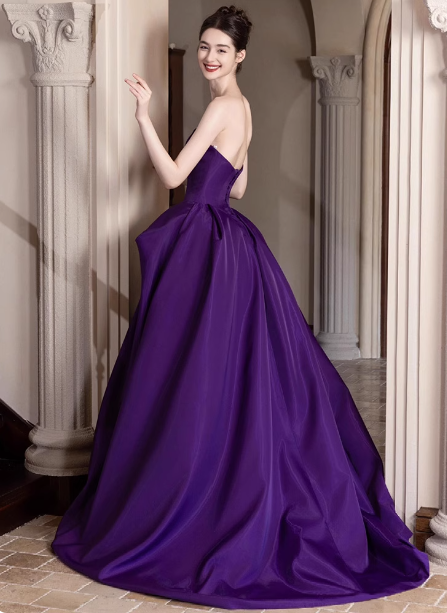 Elegant Deep Purple A-Line Strapless Satin Long Formal Prom Dress