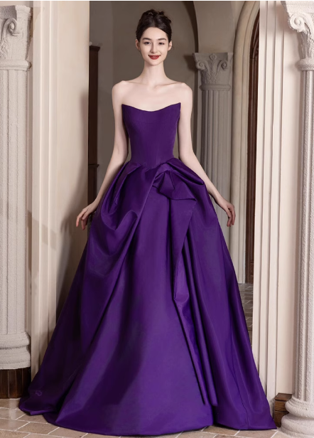 Elegant Deep Purple A-Line Strapless Satin Long Formal Prom Dress