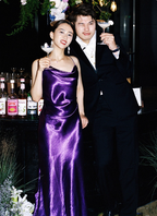Elegant Deep Purple Spaghetti Strap Cross Backless Satin Long Formal Prom Dress