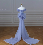 Elegant Dreamy Blue Mermaid Off-The-Shoulder Bow Sequined Tulle Train Formal Prom Dress