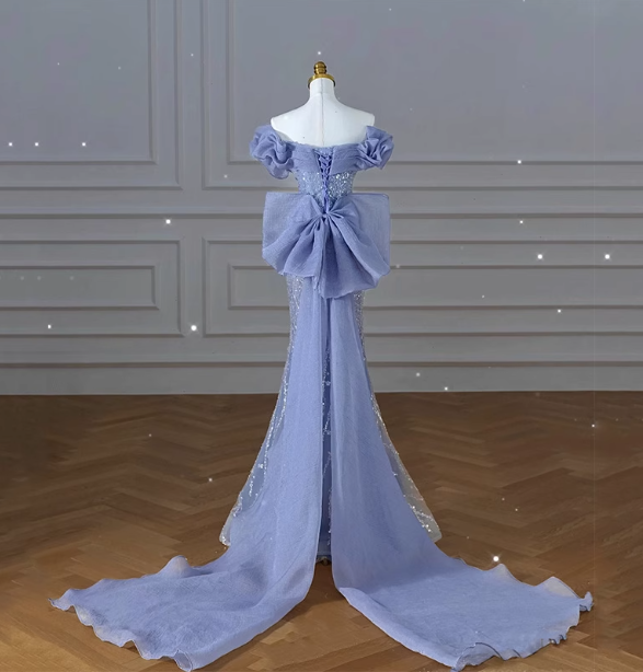Elegant Dreamy Blue Mermaid Off-The-Shoulder Bow Sequined Tulle Train Formal Prom Dress