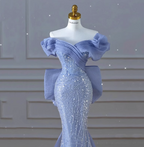 Elegant Dreamy Blue Mermaid Off-The-Shoulder Bow Sequined Tulle Train Formal Prom Dress