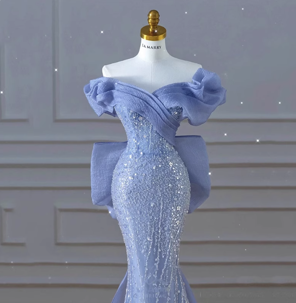 Elegant Dreamy Blue Mermaid Off-The-Shoulder Bow Sequined Tulle Train Formal Prom Dress