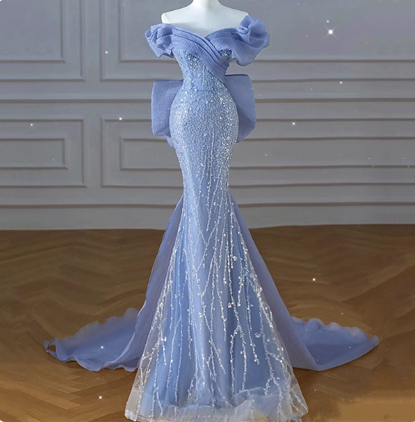 Elegant Dreamy Blue Mermaid Off-The-Shoulder Bow Sequined Tulle Train Formal Prom Dress Main image